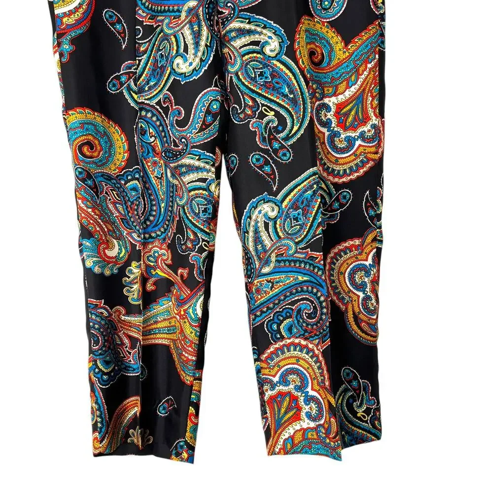J.Crew Women's Size 6 Silk Black Multicolor Paisley Mid-Rise Pants Boho Slim